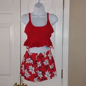 Shein Red black floral print 3 pc bathingsuit shorts bikini top & bottoms  Sz M